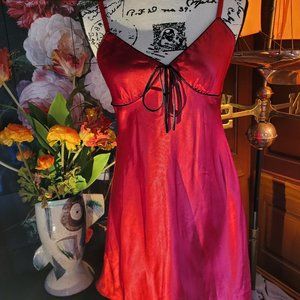 Festive Red slip-style nightie with black trim and bow - Small